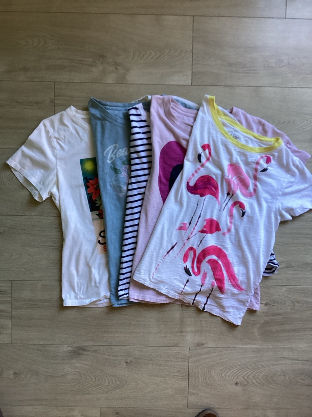 J. Crew White Short-Sleeve Tee with Pink Flamingo Graphic and Yellow Trim